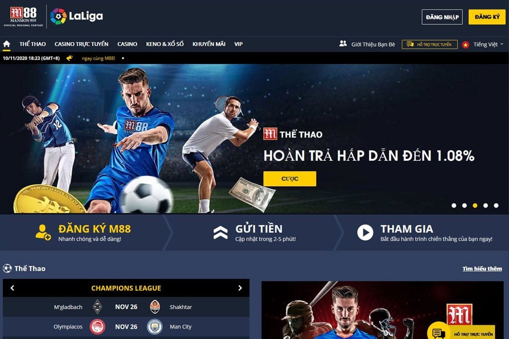 Khuyến mãi M88 - Hoàn trả 1.08% không giới hạn khi cá cược thể thao